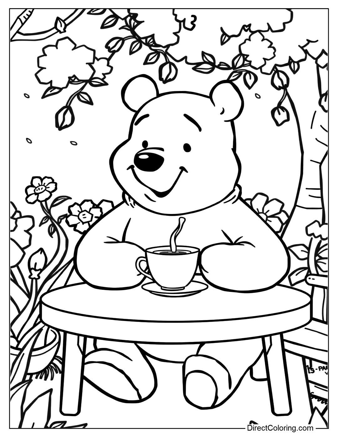 Winnie The Pooh Drinks Coffee Coloring Page PDF